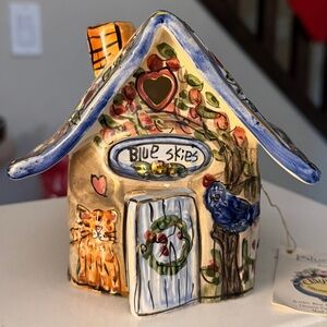 Vintage Blue Sky Ceramic House with Blue Roof